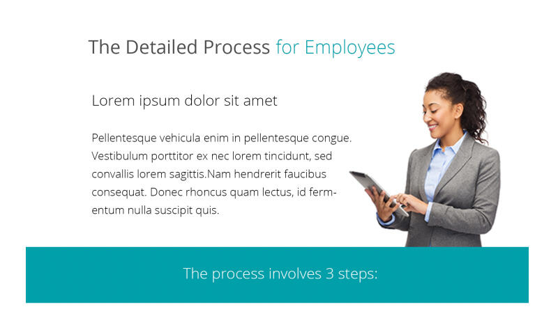 Layout with lorem ipsum text and a woman smiling looking at a tablet